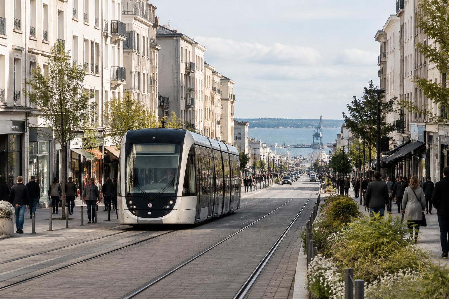 Rue de Siam à Brest : tramway, façades claires de la Reconstruction et passants