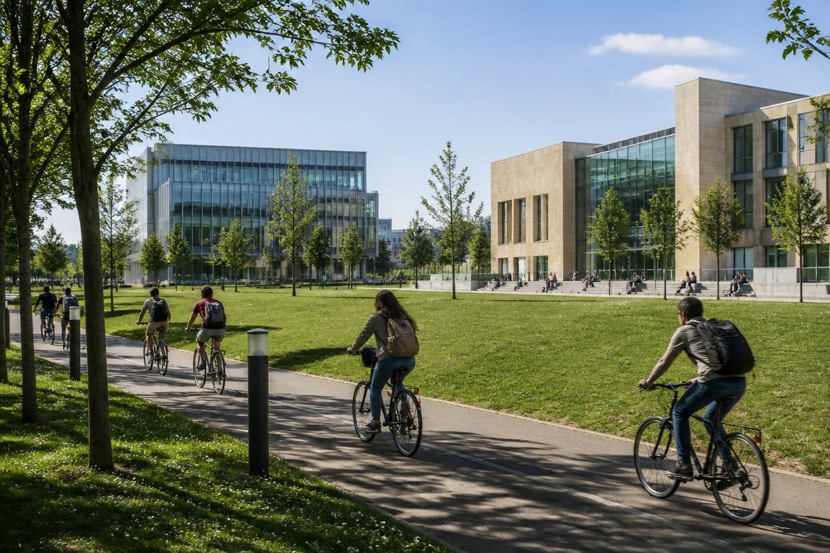 Campus d'enseignement supérieur à Bruz : bâtiments clairs, pelouses et allée cyclable