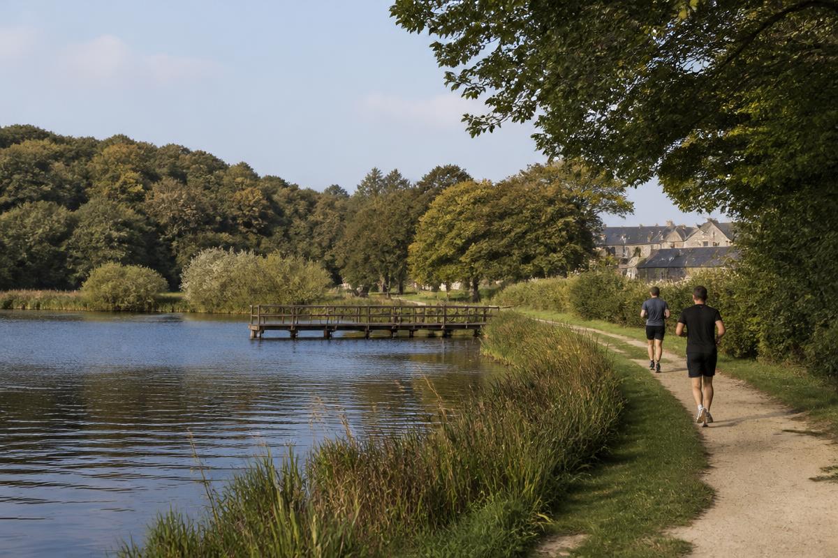 Étang et sentier boisé à Bruz : plan d'eau, roseaux et coureurs sur le chemin