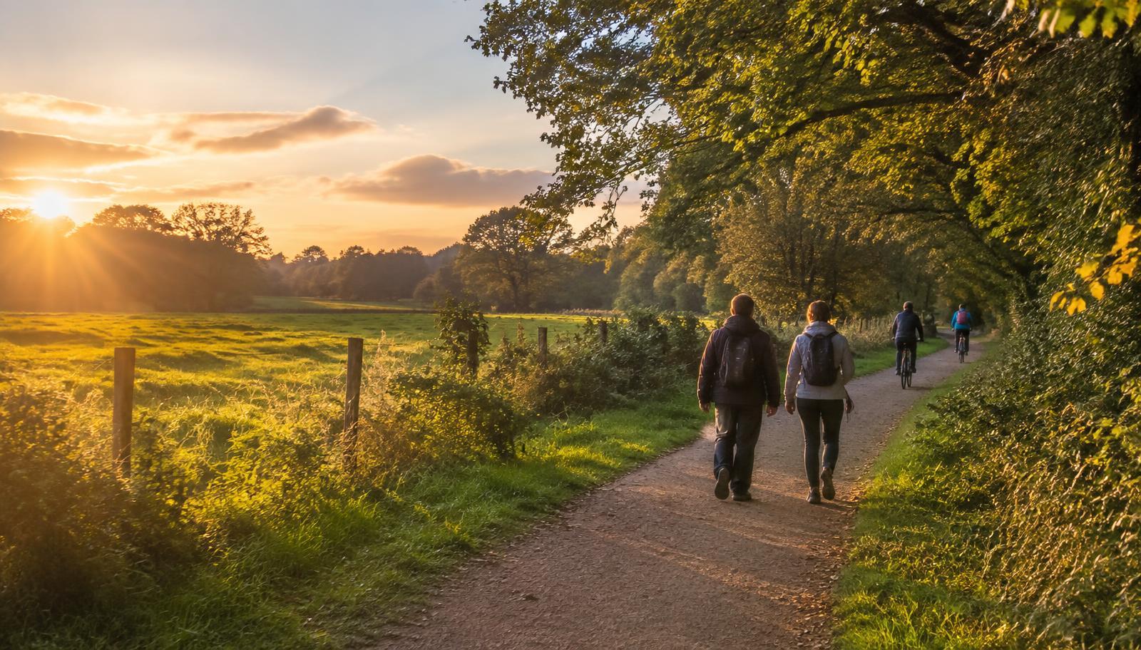 Chemin de promenade en bordure de prairies et de bois vers l'Erdre, promeneurs et cyclistes au soleil couchant