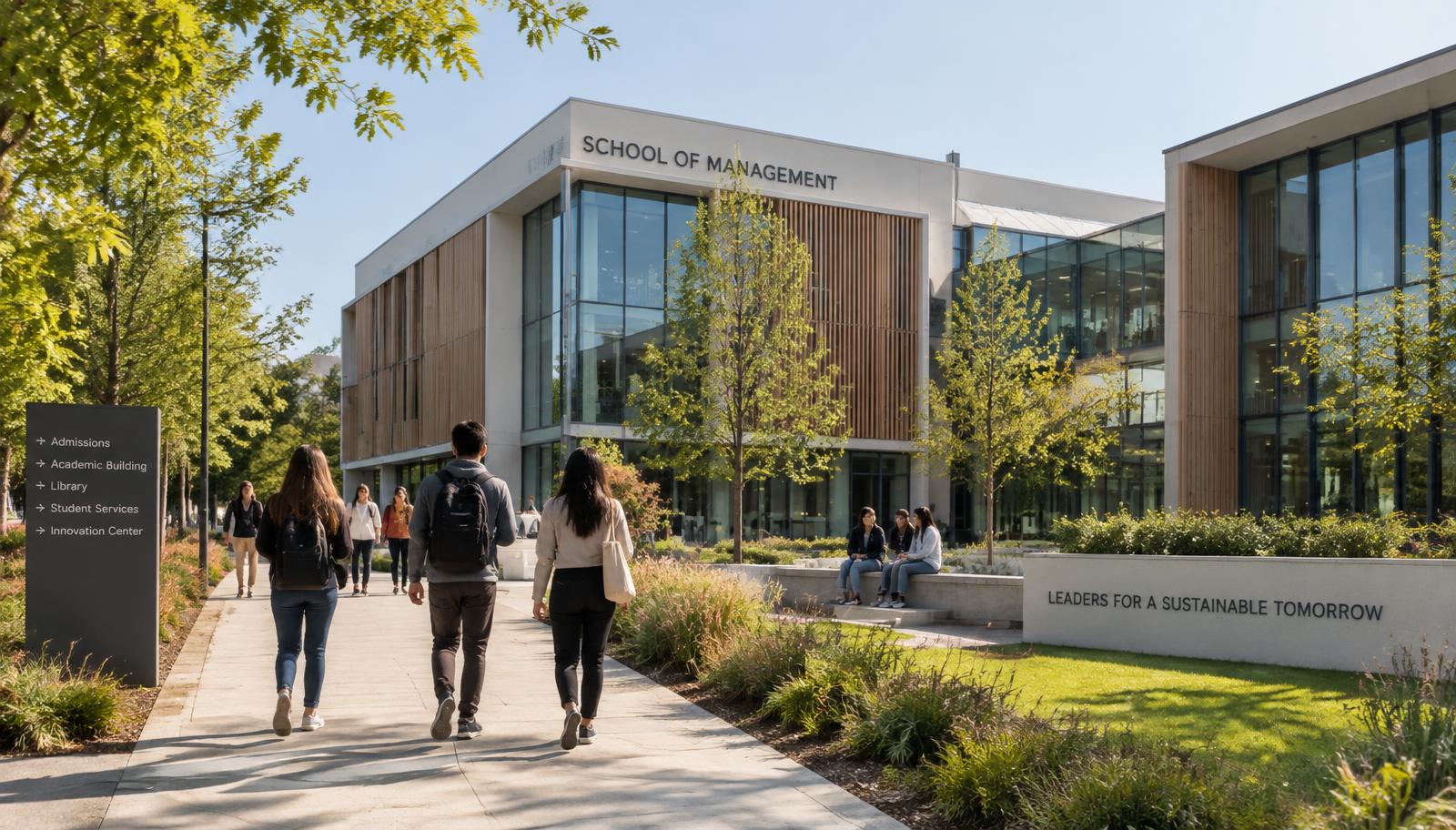 Campus d'enseignement supérieur contemporain à Carquefou : bâtiments en verre et bois, étudiants sur les allées
