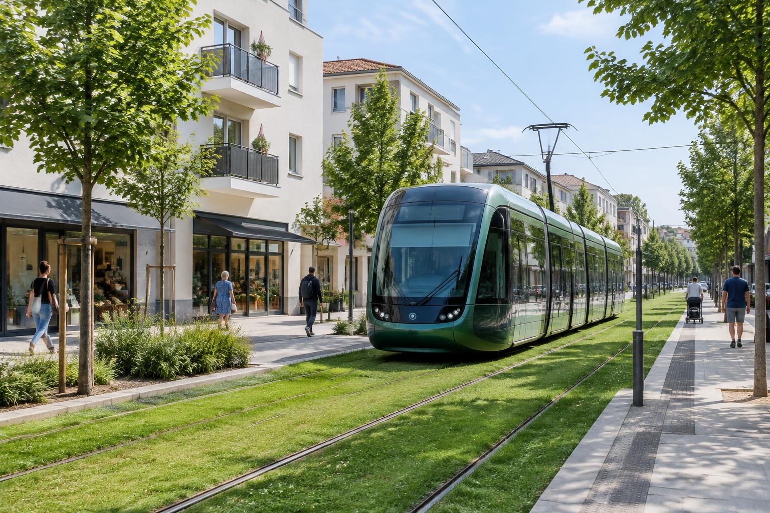 Illustration d'un tramway dans un environnement résidentiel métropolitain