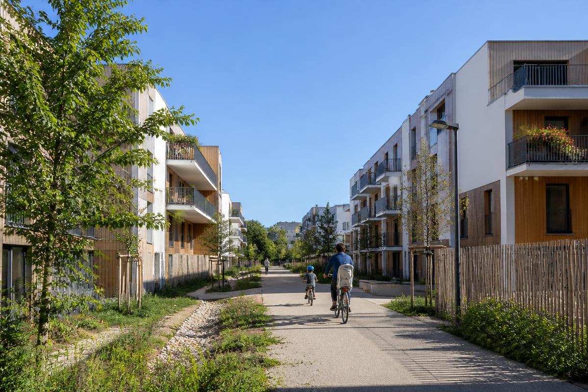 Quartier récent de Chantepie : petits collectifs clairs, venelles piétonnes et jardins
