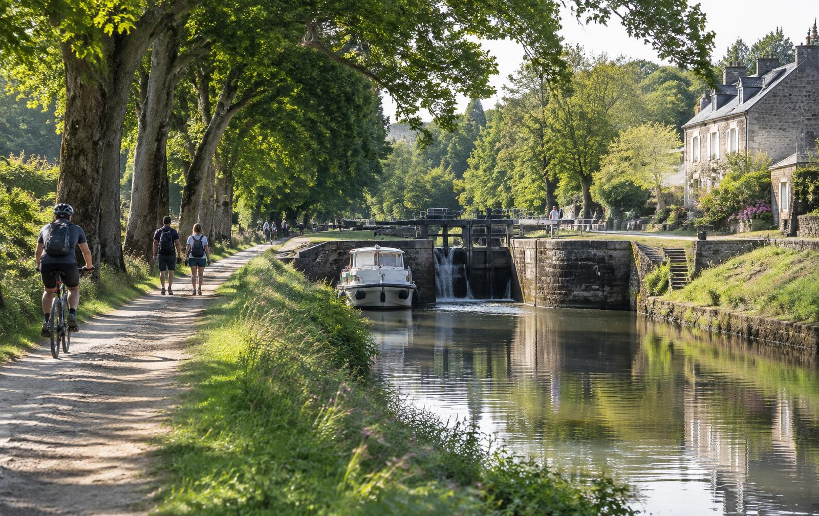Canal d'Ille-et-Rance près de Combourg : écluse, chemin de halage et arbres