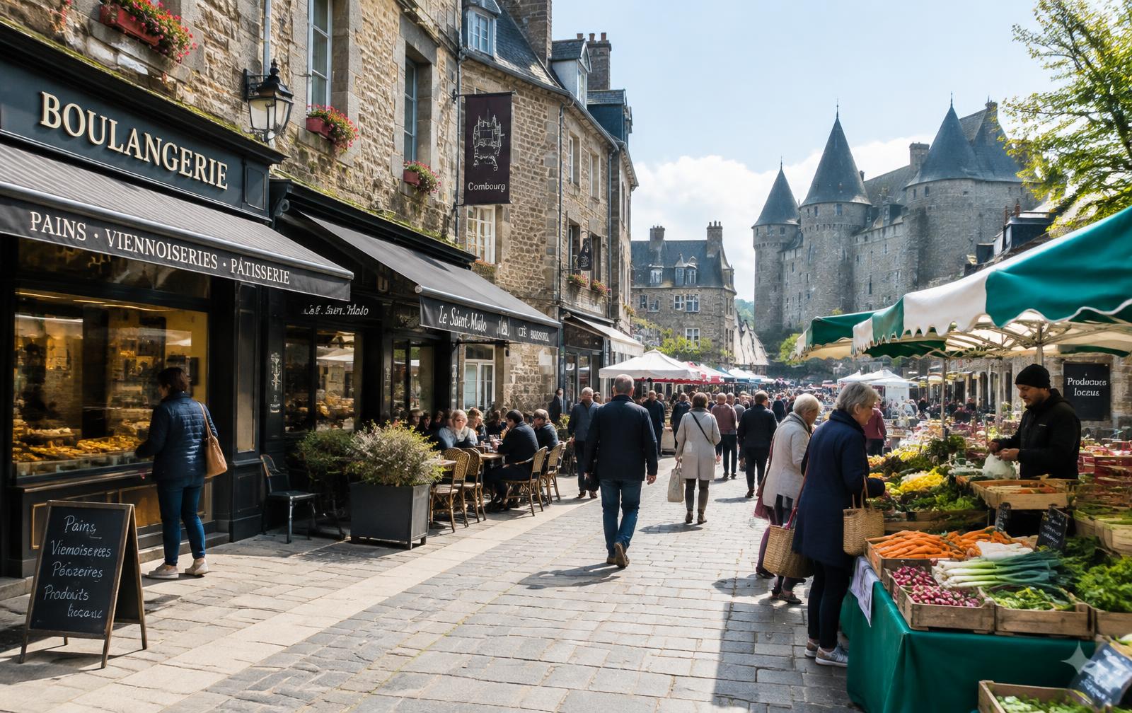 Centre-bourg de Combourg un jour de marché : étals, façades de granit et passants