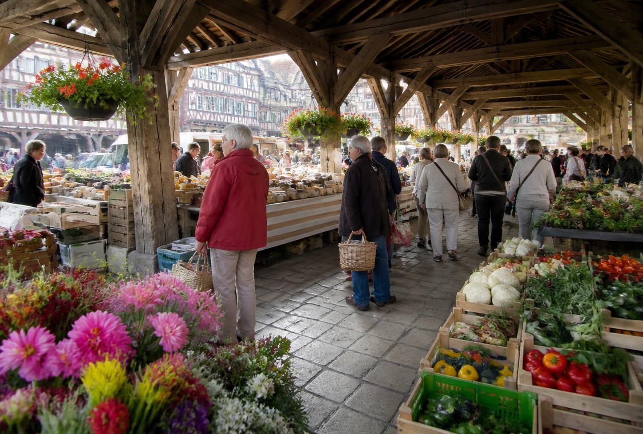 Marché couvert de Deauville : halles en bois, étals de produits normands et clients