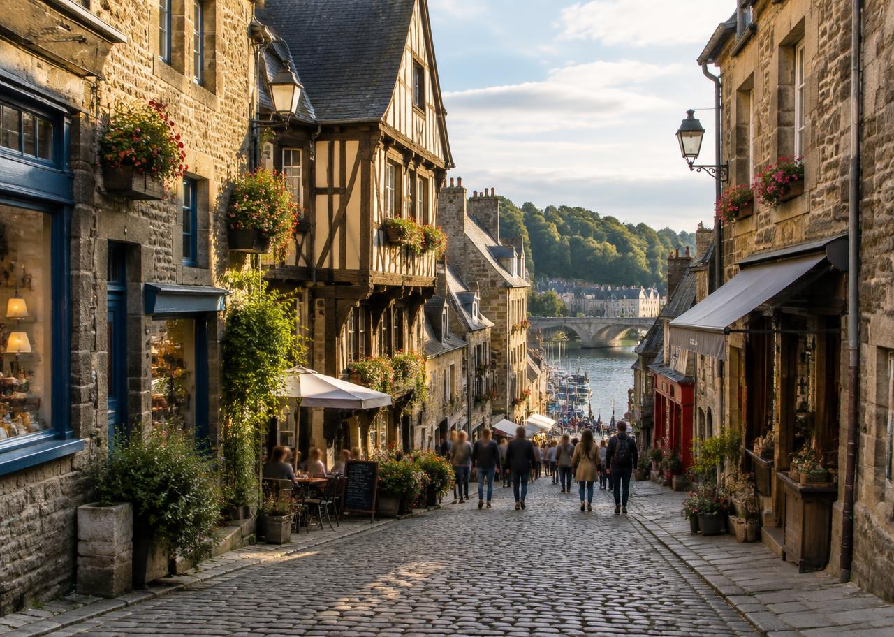 Centre historique de Dinan : pavés, façades à pans de bois et commerces