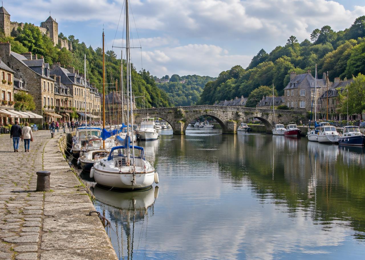 Port de Dinan sur la Rance : quais, bateaux et chemin de halage