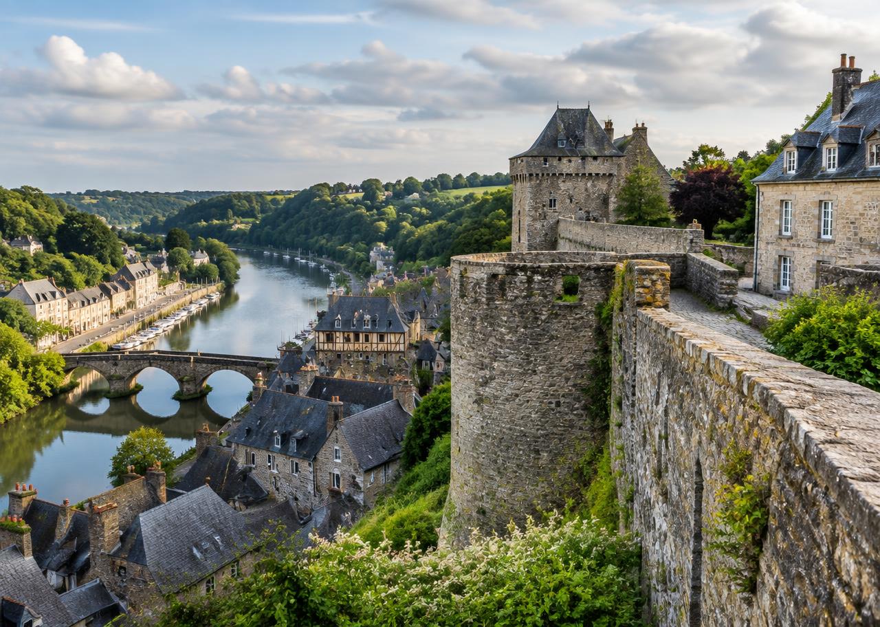 Vue des remparts de Dinan sur la vallée et le port de la Rance