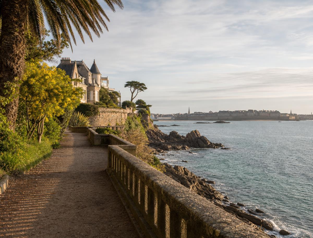Illustration de la promenade du Clair de Lune à Dinard : allée bordée de palmiers et de mimosas face à l'estuaire
