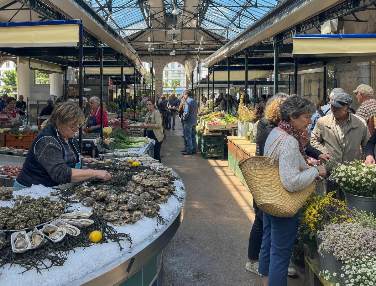 Illustration du marché couvert de Dinard : étals d'huîtres, de poissons, de légumes et de fleurs
