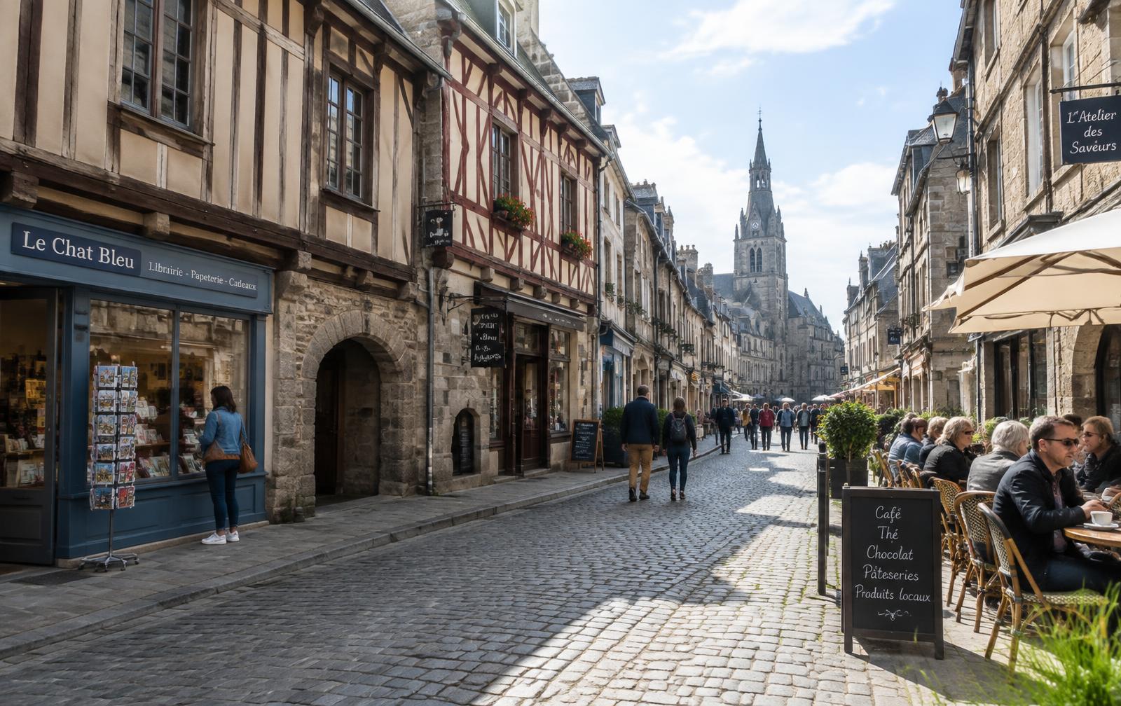 Grande Rue de Dol-de-Bretagne : maisons à pans de bois, commerces et passants