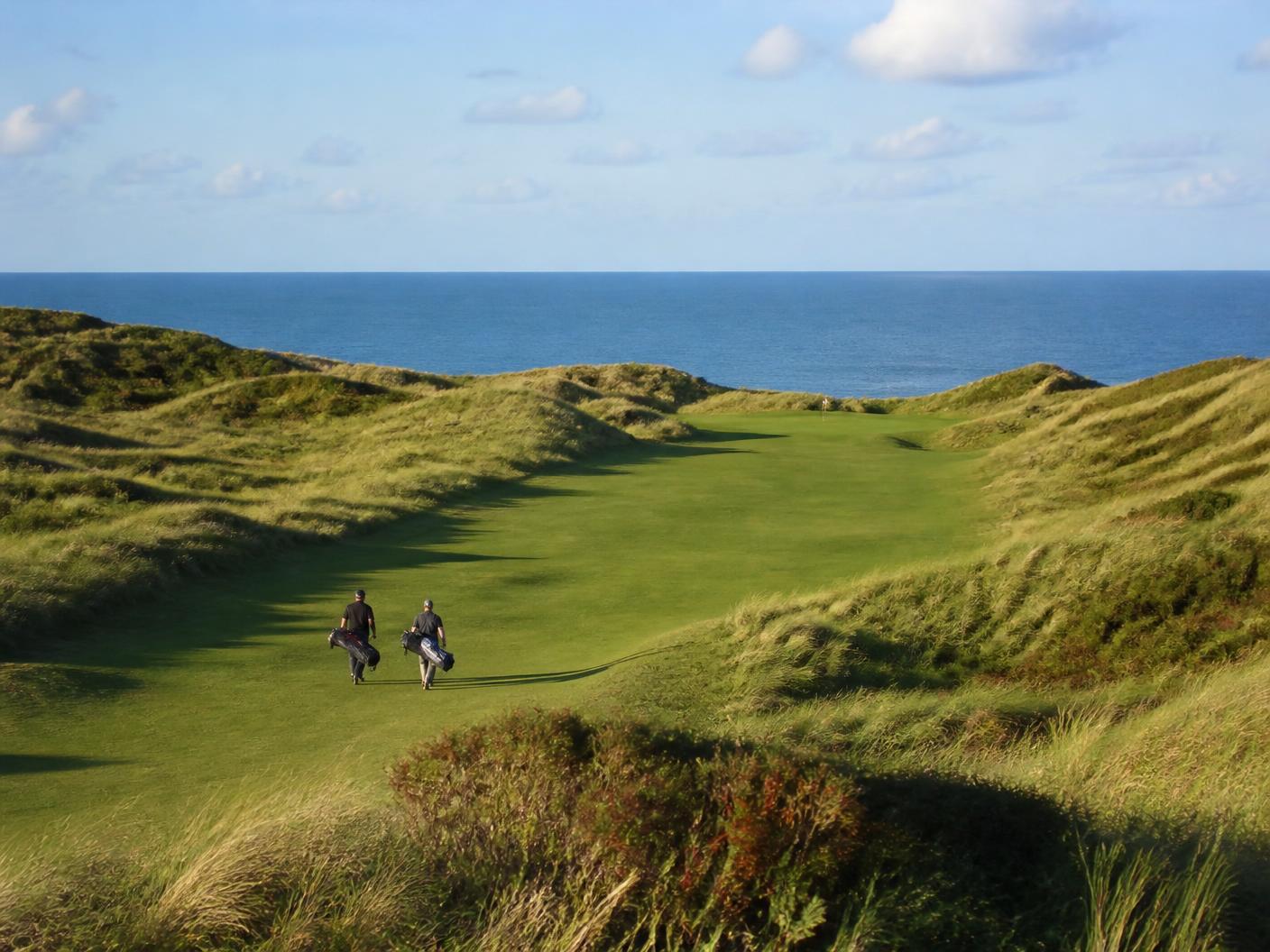 Illustration des dunes et du golf littoral près de Donville-les-Bains : gazon tondu entre les oyats, mer à l'horizon