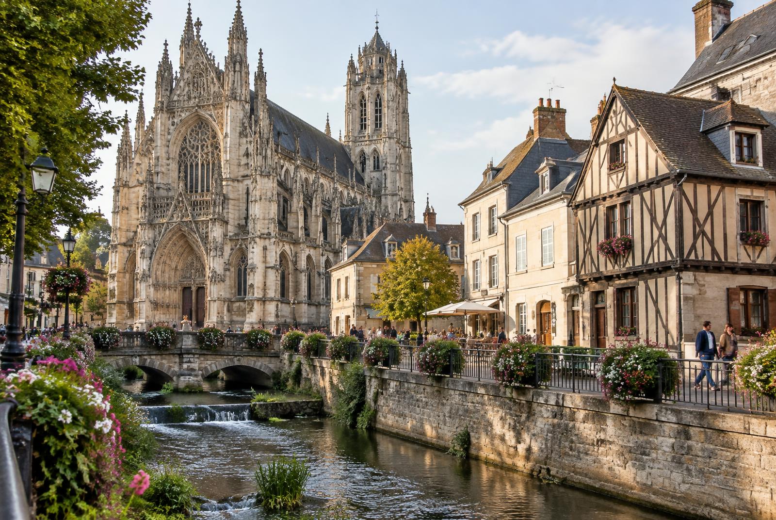 Illustration de la cathédrale Notre-Dame d'Évreux et des bras de l'Iton fleuris en centre-ville