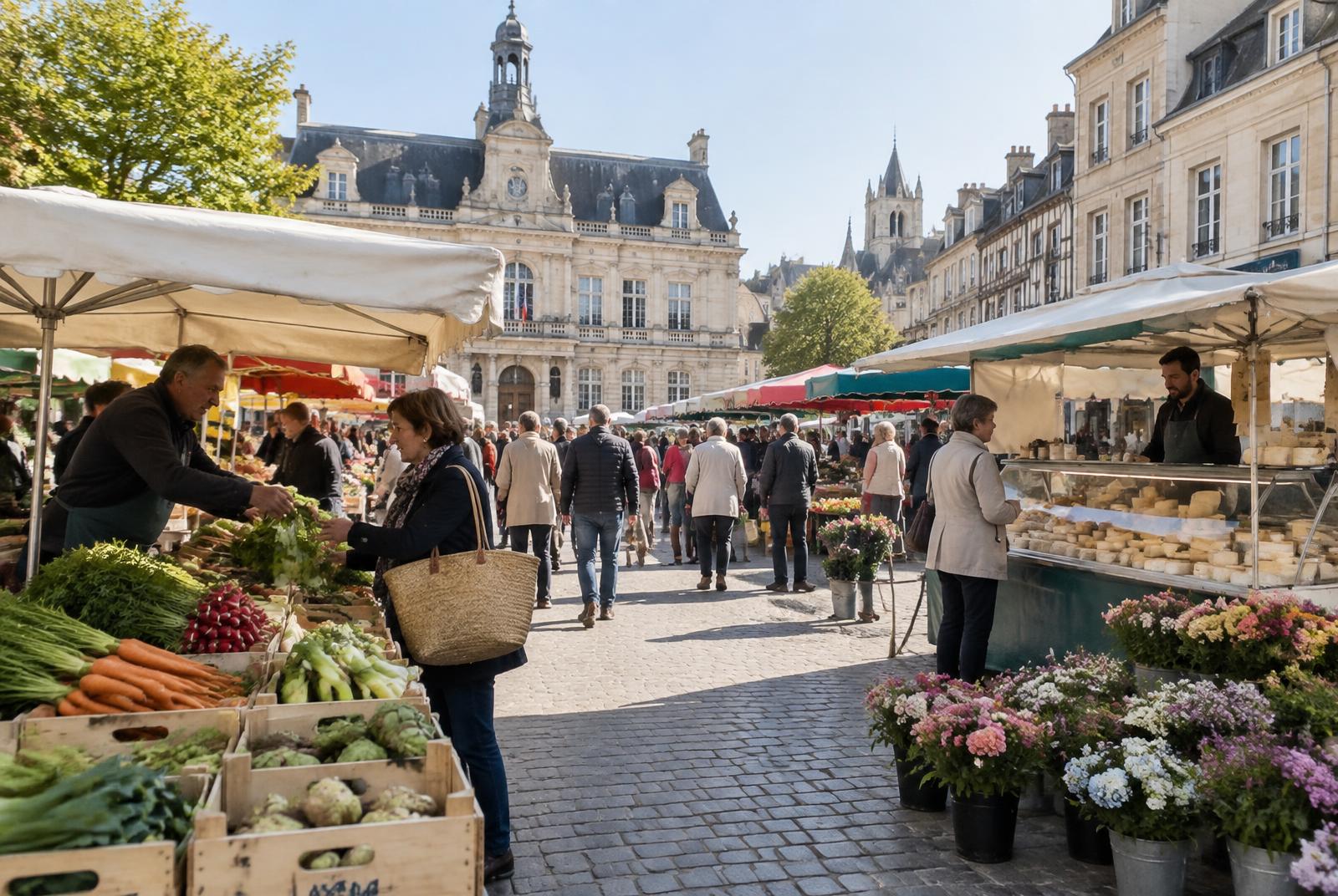 Illustration du marché de centre-ville à Évreux : étals de primeurs, fromages et fleurs devant les façades de pierre