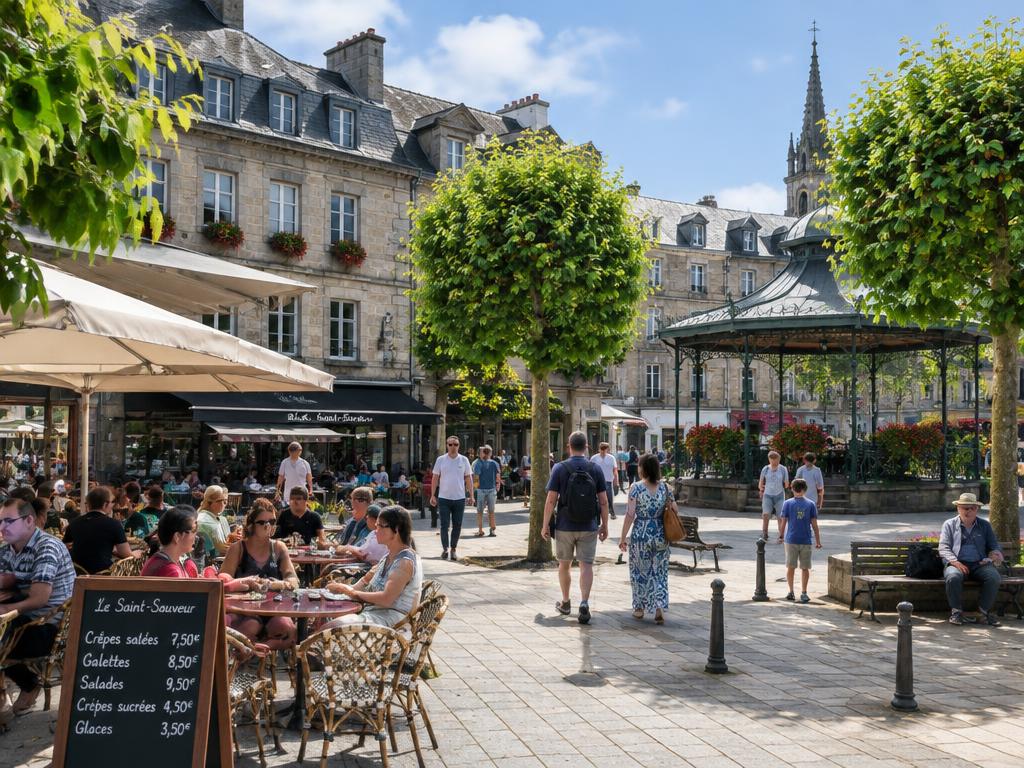 Place animée du centre de Fougères : façades de granit, terrasses et kiosque
