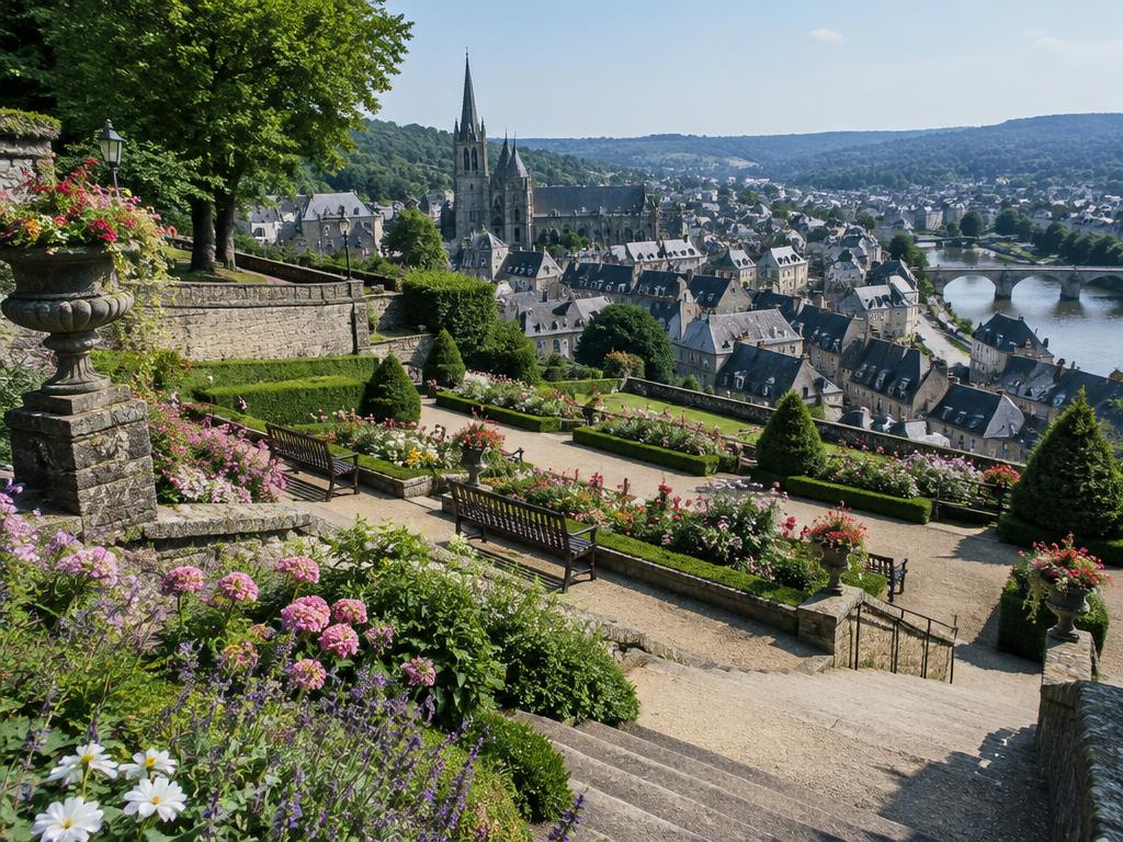 Jardin public en terrasses à Fougères, massifs fleuris et vue sur les toits d'ardoise