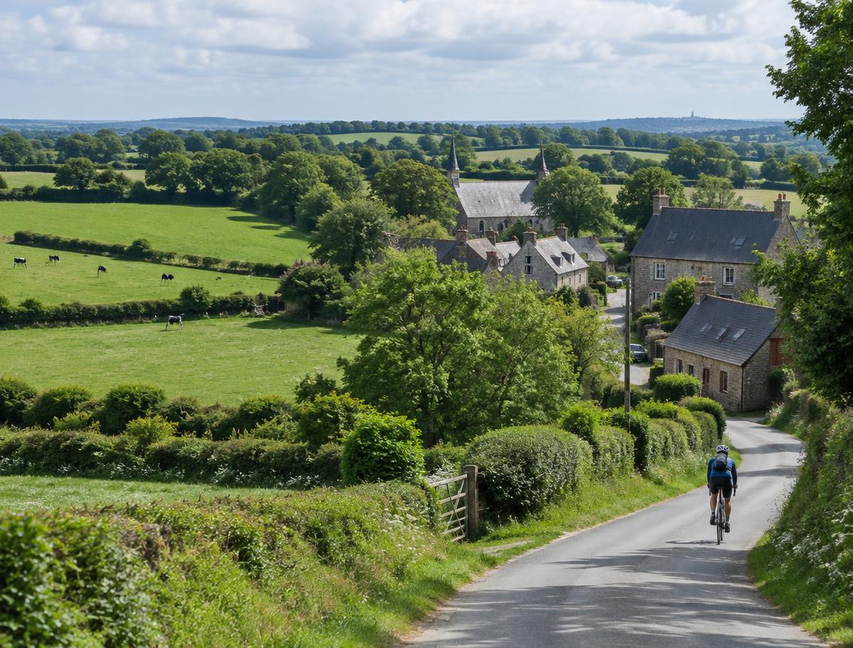 Campagne bocagère d'Ille-et-Vilaine avec haies, prairies et route de hameau