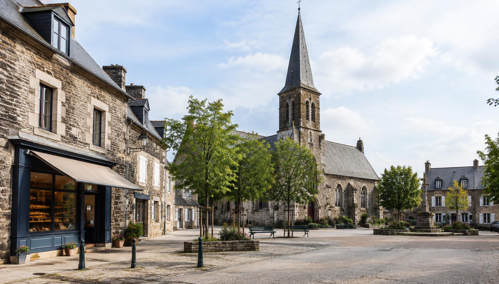 Illustration d'un bourg breton de pierre avec son église et sa place arborée