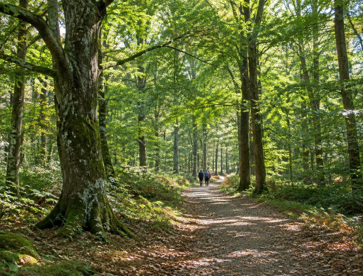 Chemin forestier sous les chênes et les hêtres de la forêt de Liffré