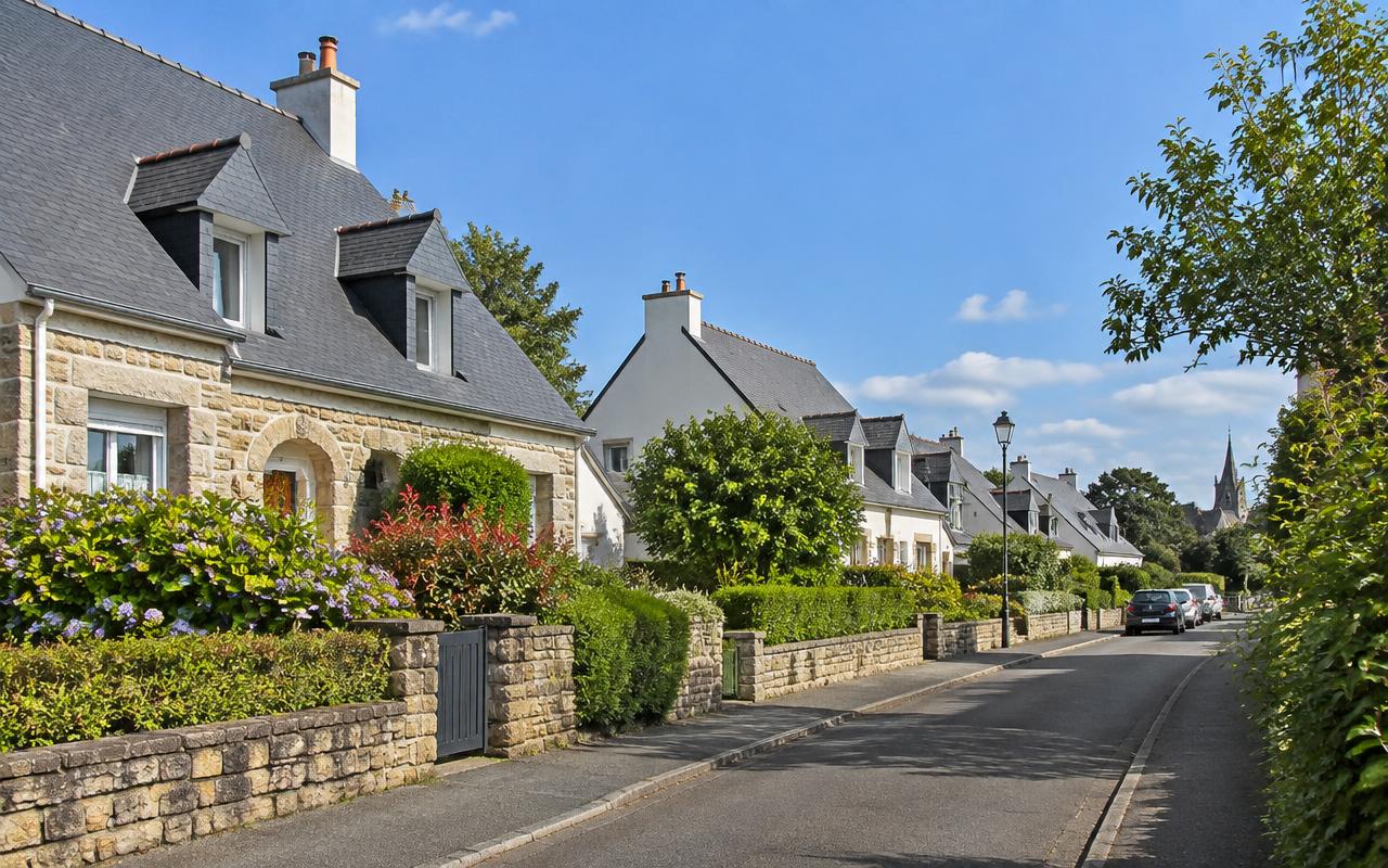 Quartier résidentiel récent de Guérande : maisons claires, haies plantées et rue calme bordée d'arbres