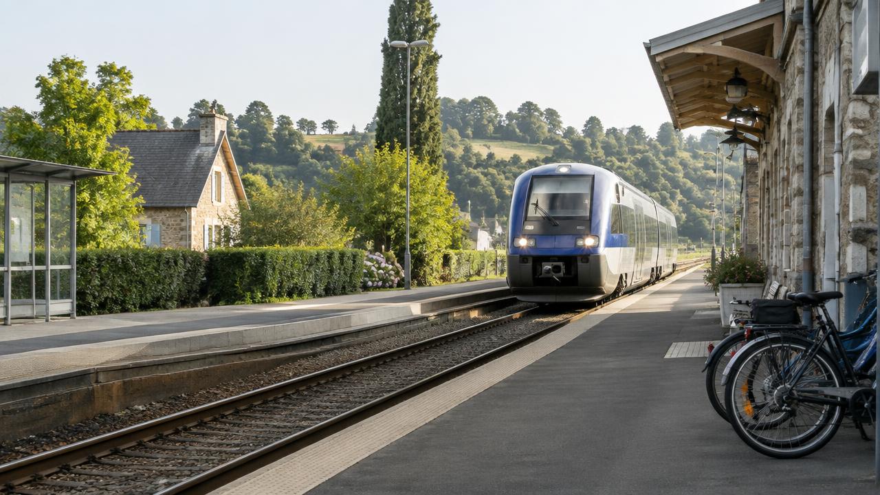 Gare de la commune : train régional à quai, vélos stationnés et campagne en arrière-plan