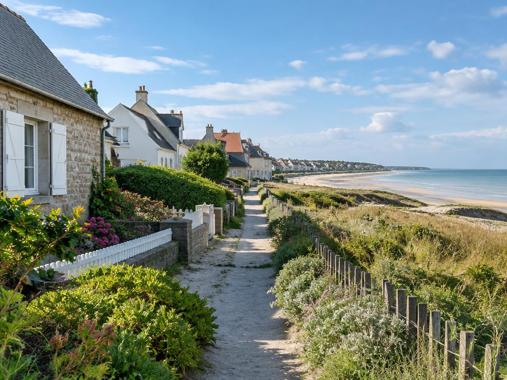 Maisons et chemin côtier d'Hauteville-sur-Mer face à la plage