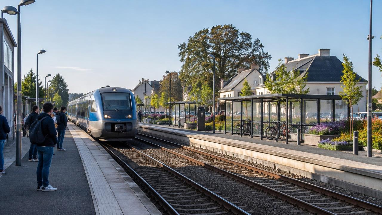 Gare de L'Hermitage : voyageurs sur le quai, train régional et abri à vélos