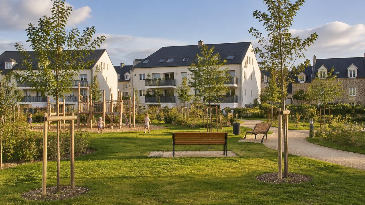 Jardin public planté à L'Hermitage : jeunes arbres, pelouse, bancs et immeubles clairs en fond