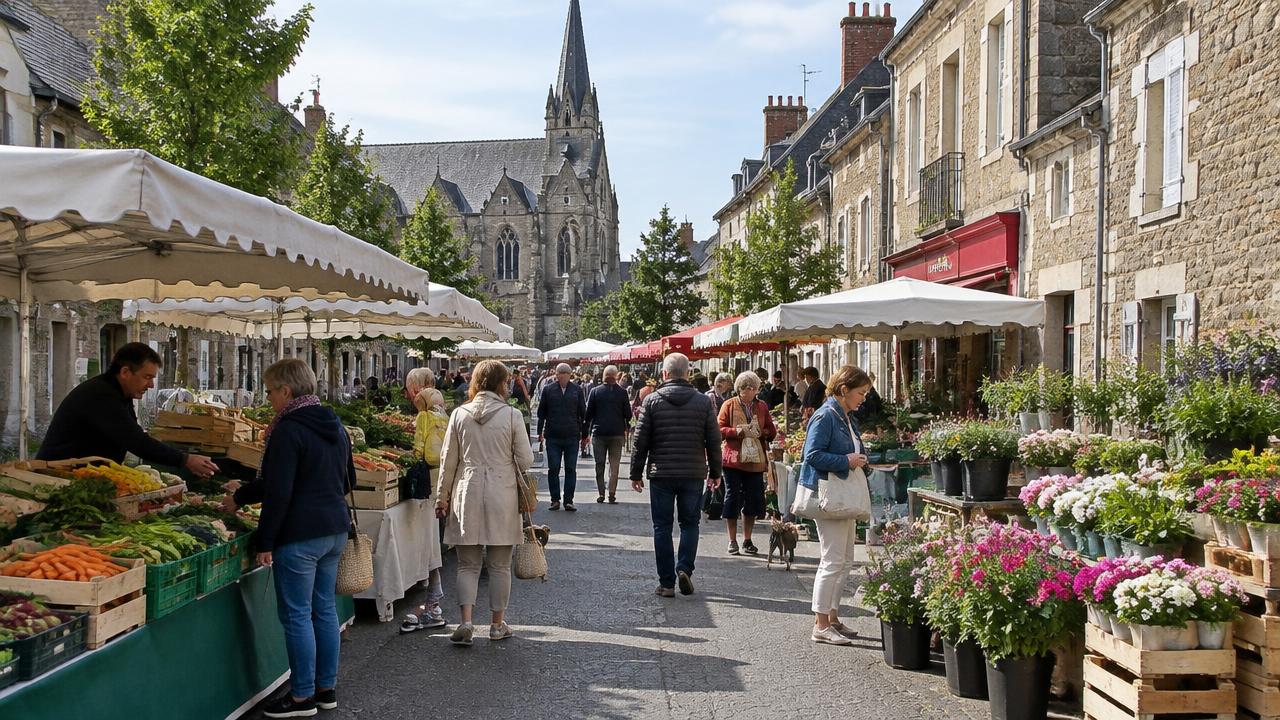 Illustration du centre de L'Hermitage : étals du marché, commerces et façades de granit