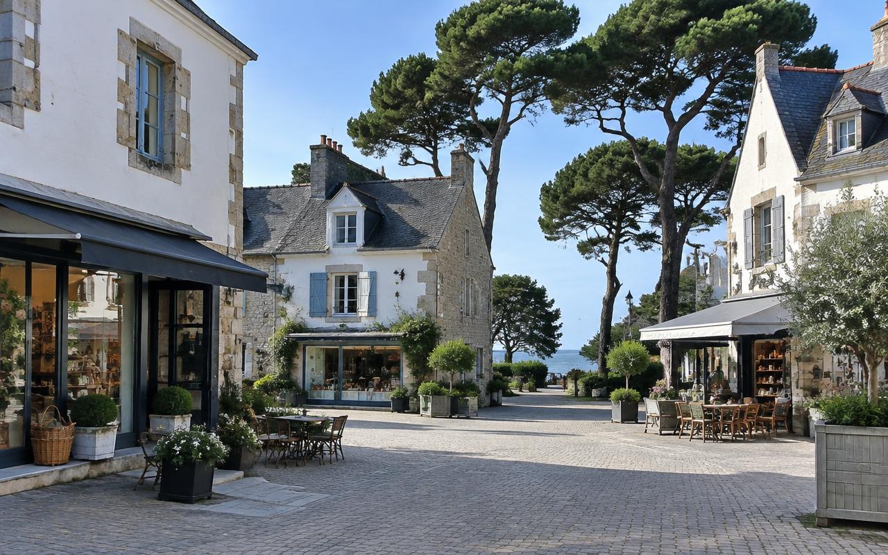 Rue commerçante du bourg d'Escoublac à La Baule : maisons basses, boulangerie et passants sous les arbres