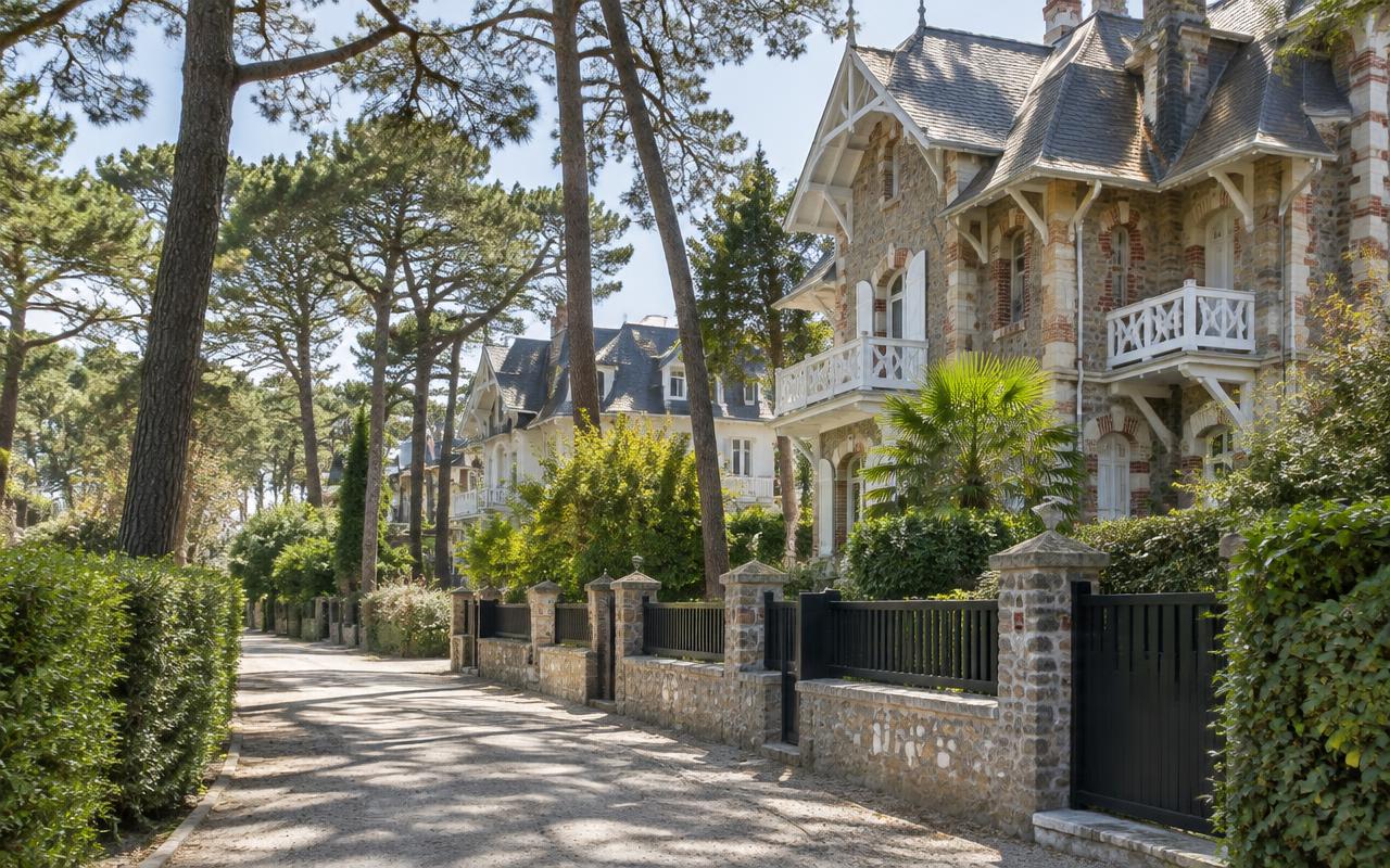 Avenue bordée de pins à La Baule-les-Pins avec villas balnéaires anciennes et jardins clos
