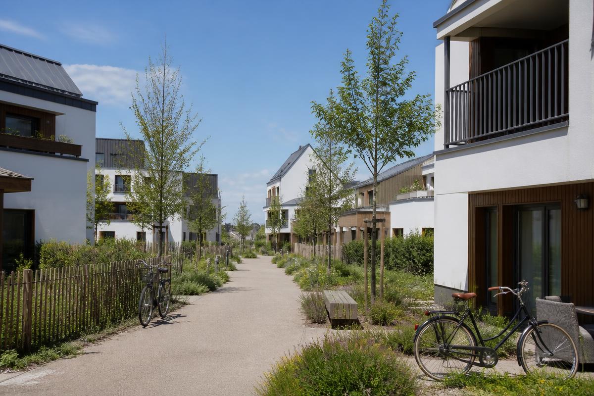 Quartier récent de La Mézière : logements clairs, bardage bois, venelles et noues plantées