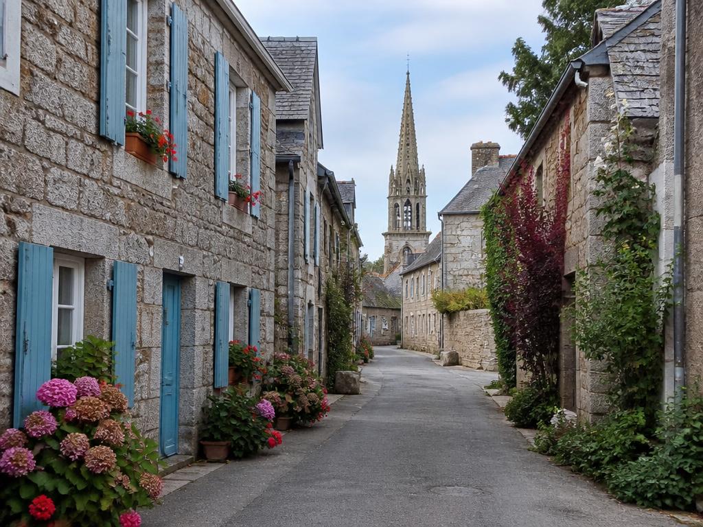 Illustration d'une rue de village breton : maisons de granit, volets bleus, hortensias et clocher au fond