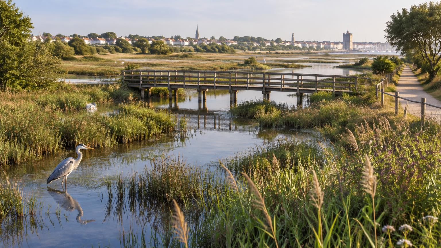 Marais de Tasdon à La Rochelle : roseaux, passerelle en bois et héron