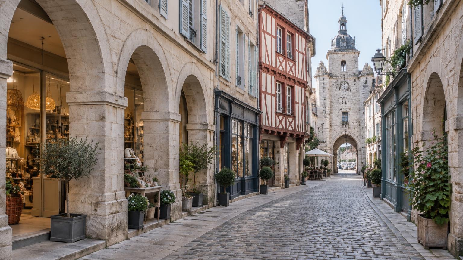 Rue à arcades du centre historique de La Rochelle avec boutiques et maison à pans de bois