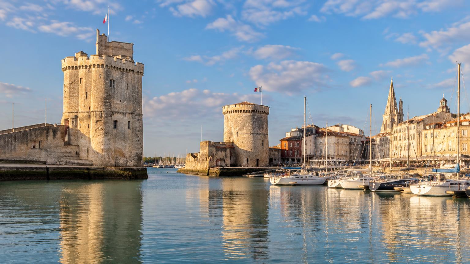 Tours du Vieux-Port de La Rochelle et voiliers amarrés dans la lumière de fin de journée