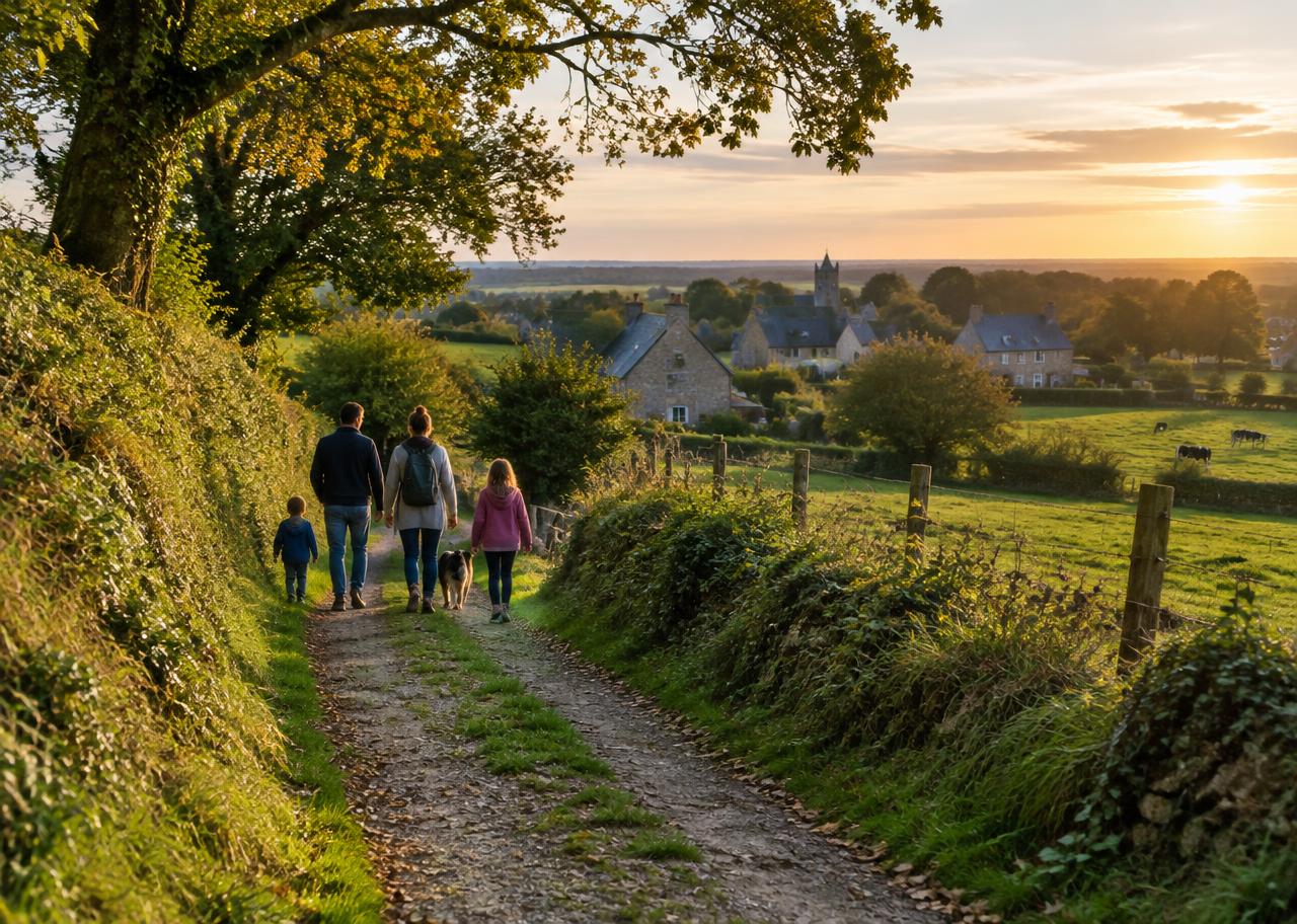 Bocage autour de Lamballe-Armor avec chemin rural, maisons de pierre et lumière de fin de journée