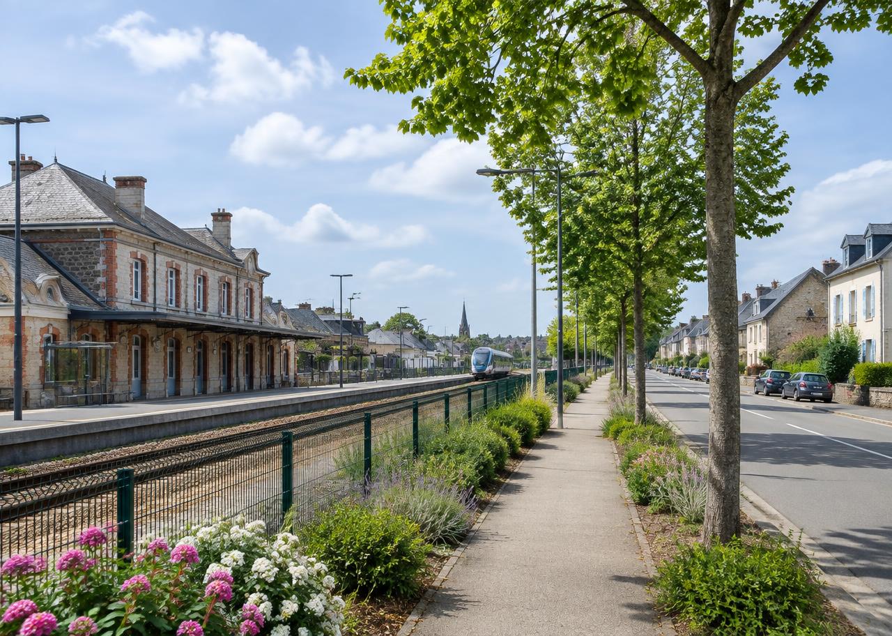 Quartier de gare à Lamballe-Armor avec avenue plantée et train régional