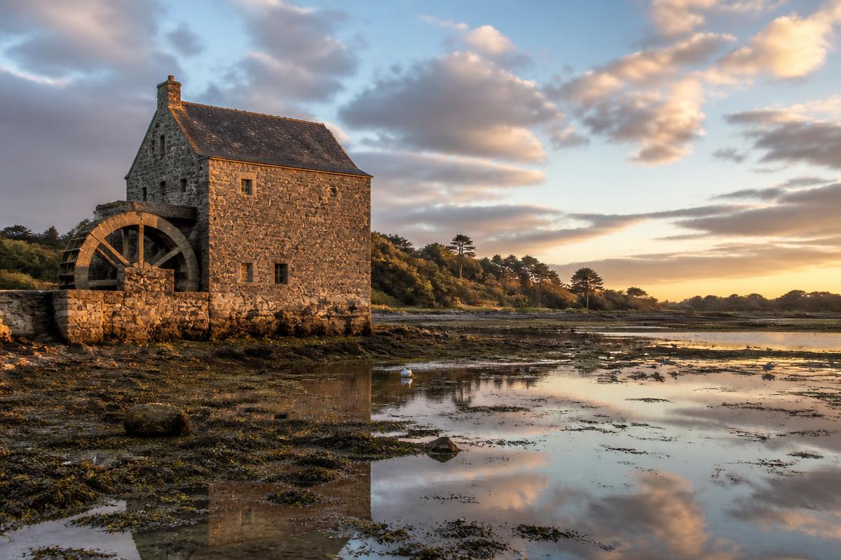 Ancien moulin à marée de Lancieux dans la baie du Frémur, à marée basse