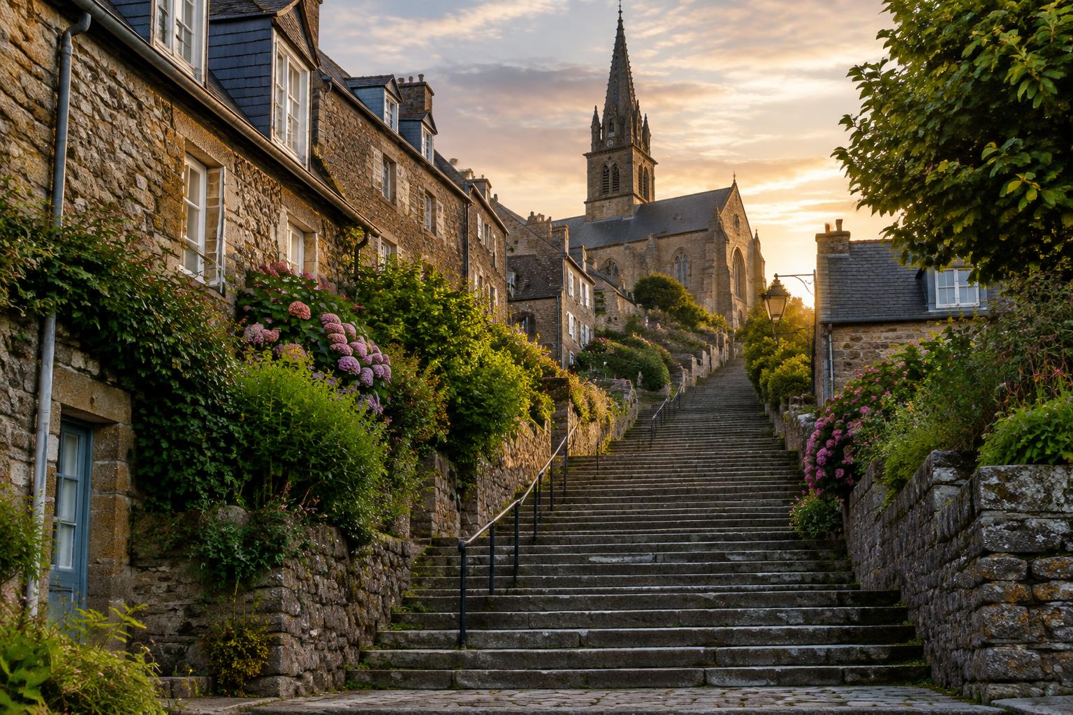 Escalier historique de Brélévenez à Lannion bordé de maisons de pierre