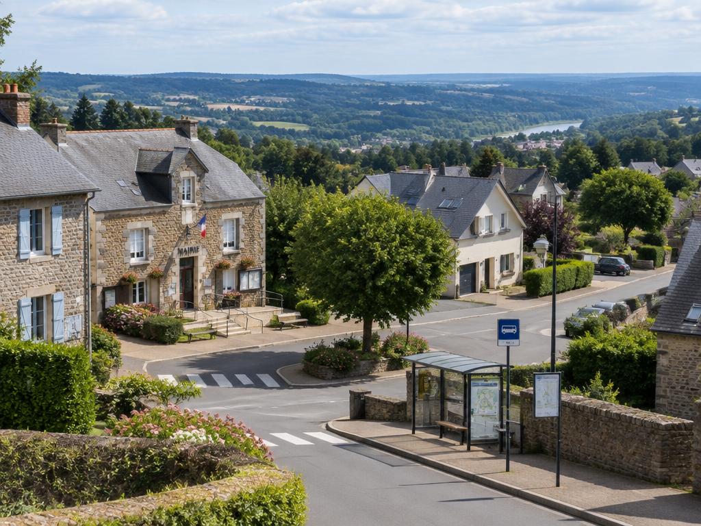 Bourg de Lanvallay sur le plateau : mairie, maisons de pierre et vue sur la vallée