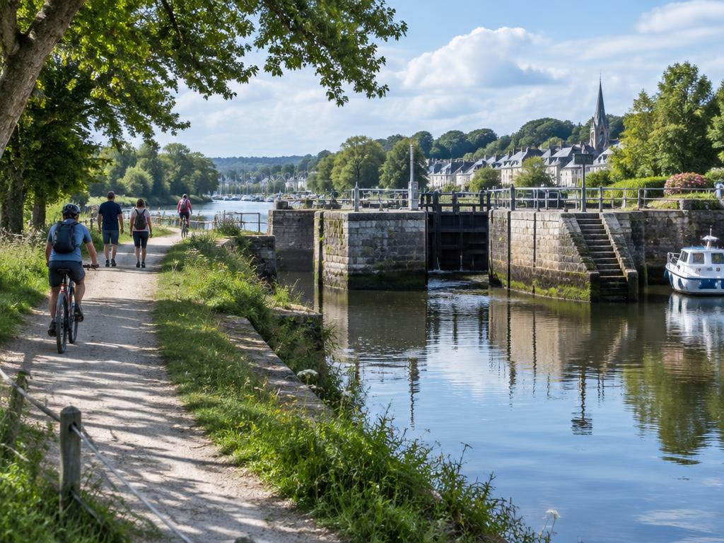 Chemin de halage le long de la Rance : promeneurs, cyclistes et écluse de pierre