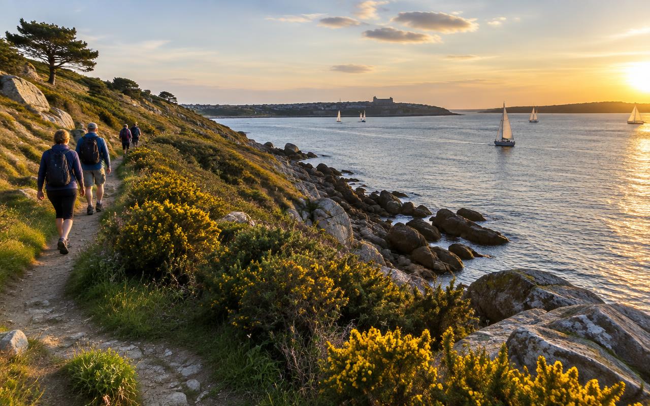 Sentier côtier de Larmor-Plage : pins maritimes, rochers et vue sur la rade
