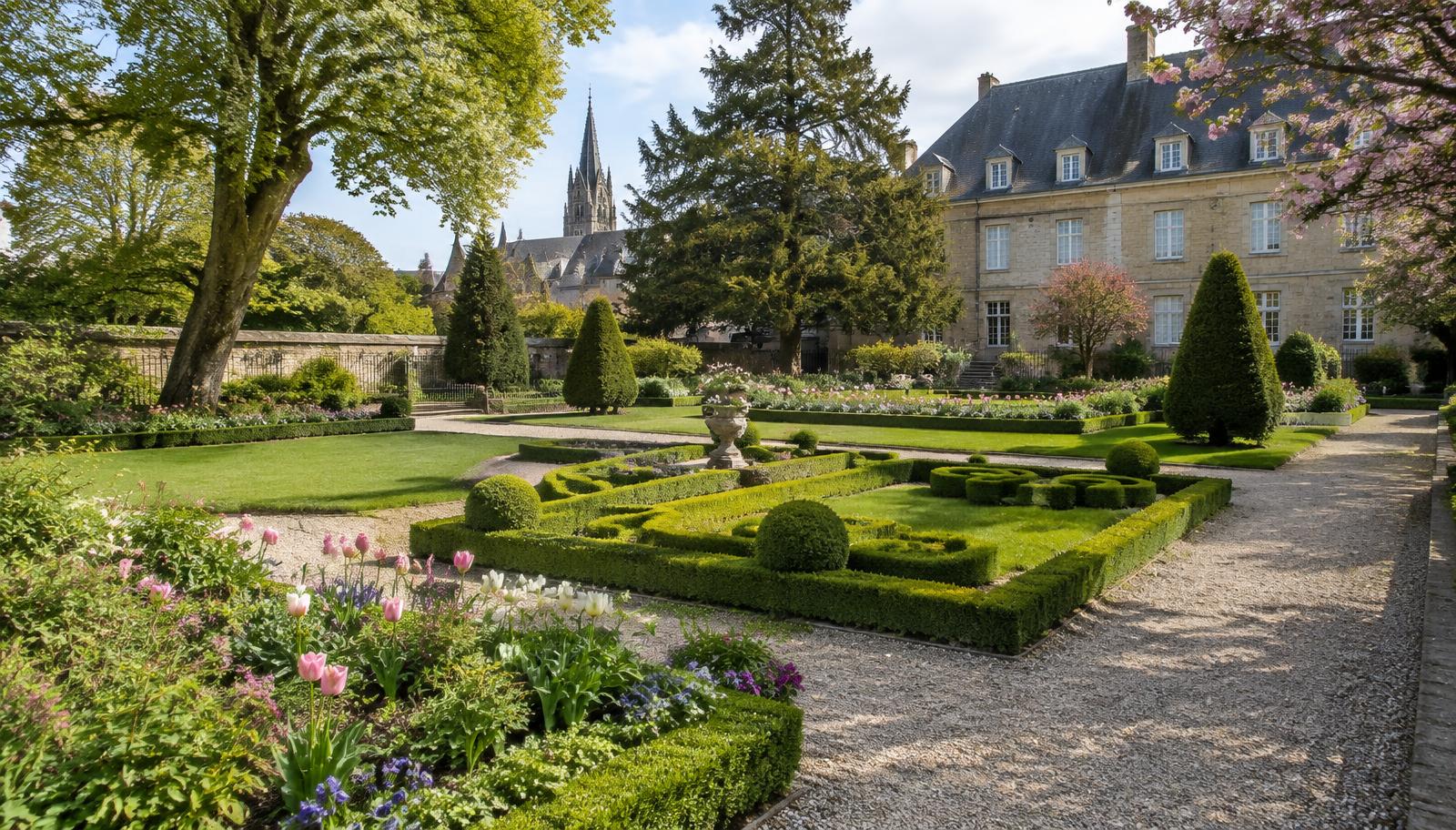 Jardin à la française de l'Évêché à Lisieux : buis taillés et allées de gravier