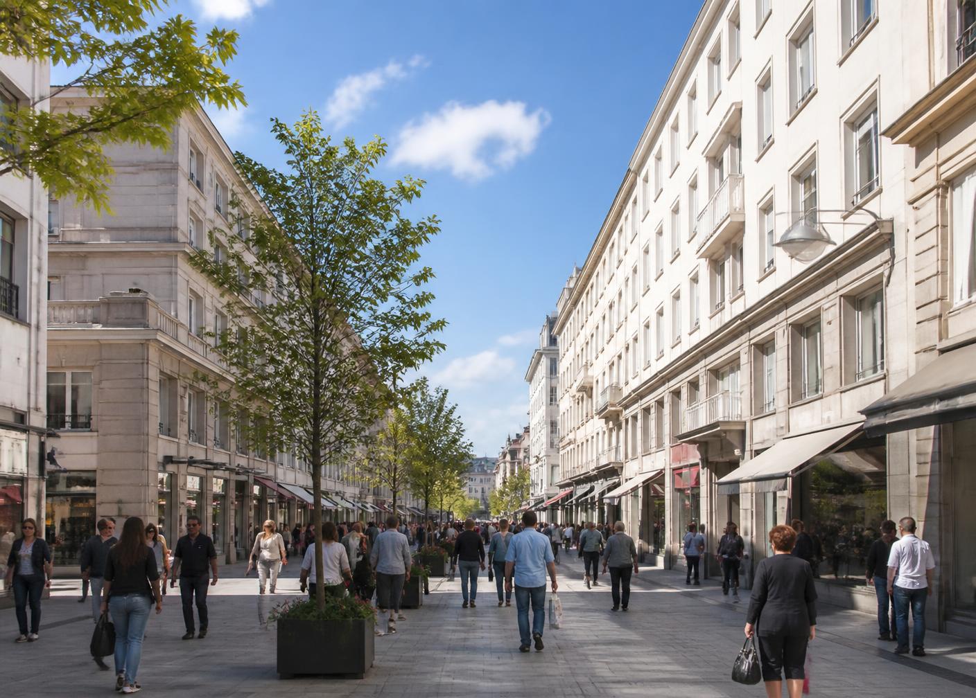 Illustration du centre-ville de Lorient : rues piétonnes en pierre claire, terrasses de cafés et passants