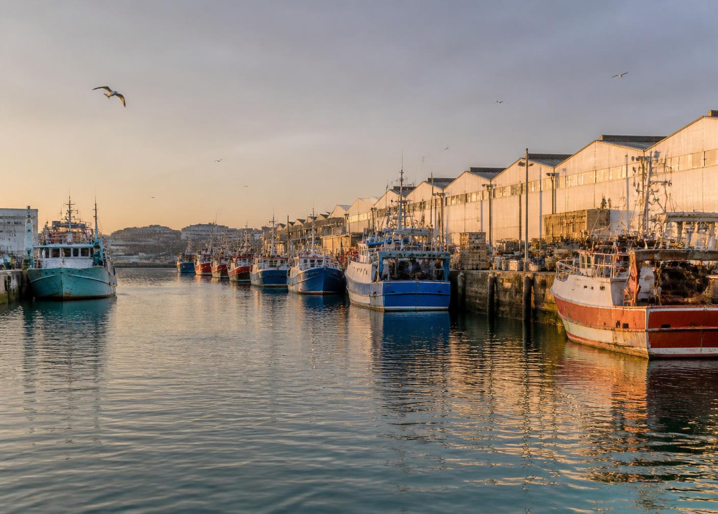 Illustration du port de pêche de Keroman à Lorient : chalutiers colorés à quai, halles à marée et grues