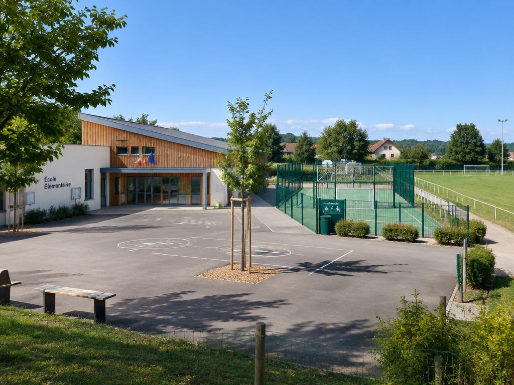 Équipements scolaires et sportifs de Miniac-Morvan : école, cour plantée et terrain