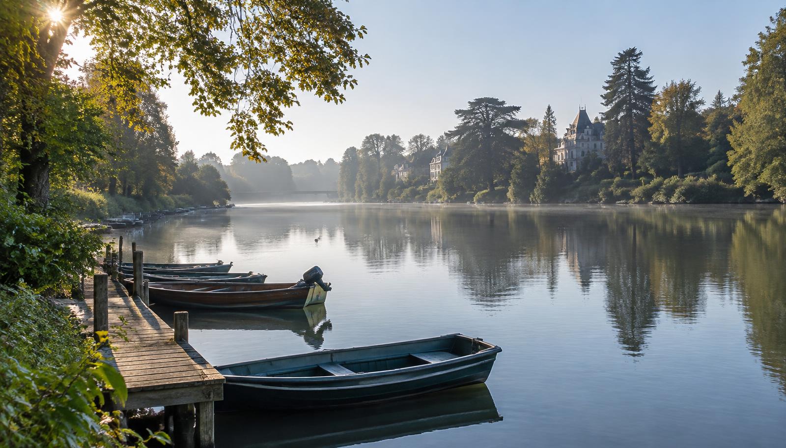 Bords de l'Erdre à Nantes : rivière calme, pontons de bois, barques et demeures anciennes sous les arbres