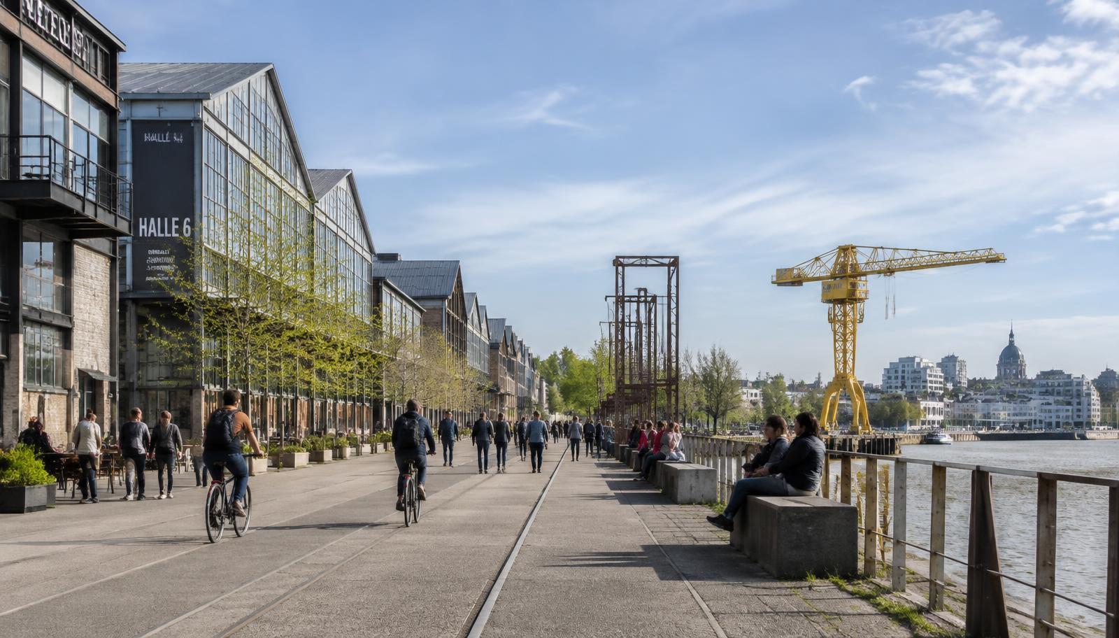 Quais de l'île de Nantes : anciens hangars réhabilités, promeneurs et grue portuaire jaune au bord de la Loire